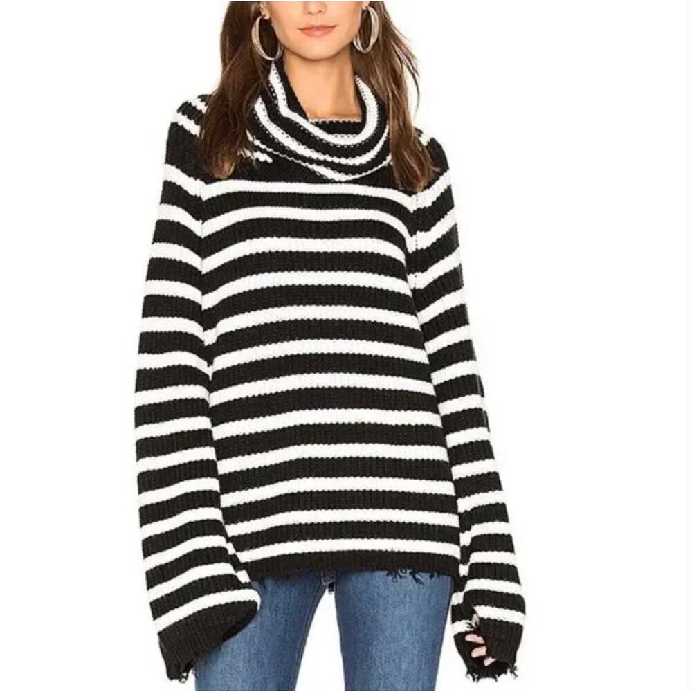 Sanctuary Black Winter White Striped Cowl Neck Sweater Size Small